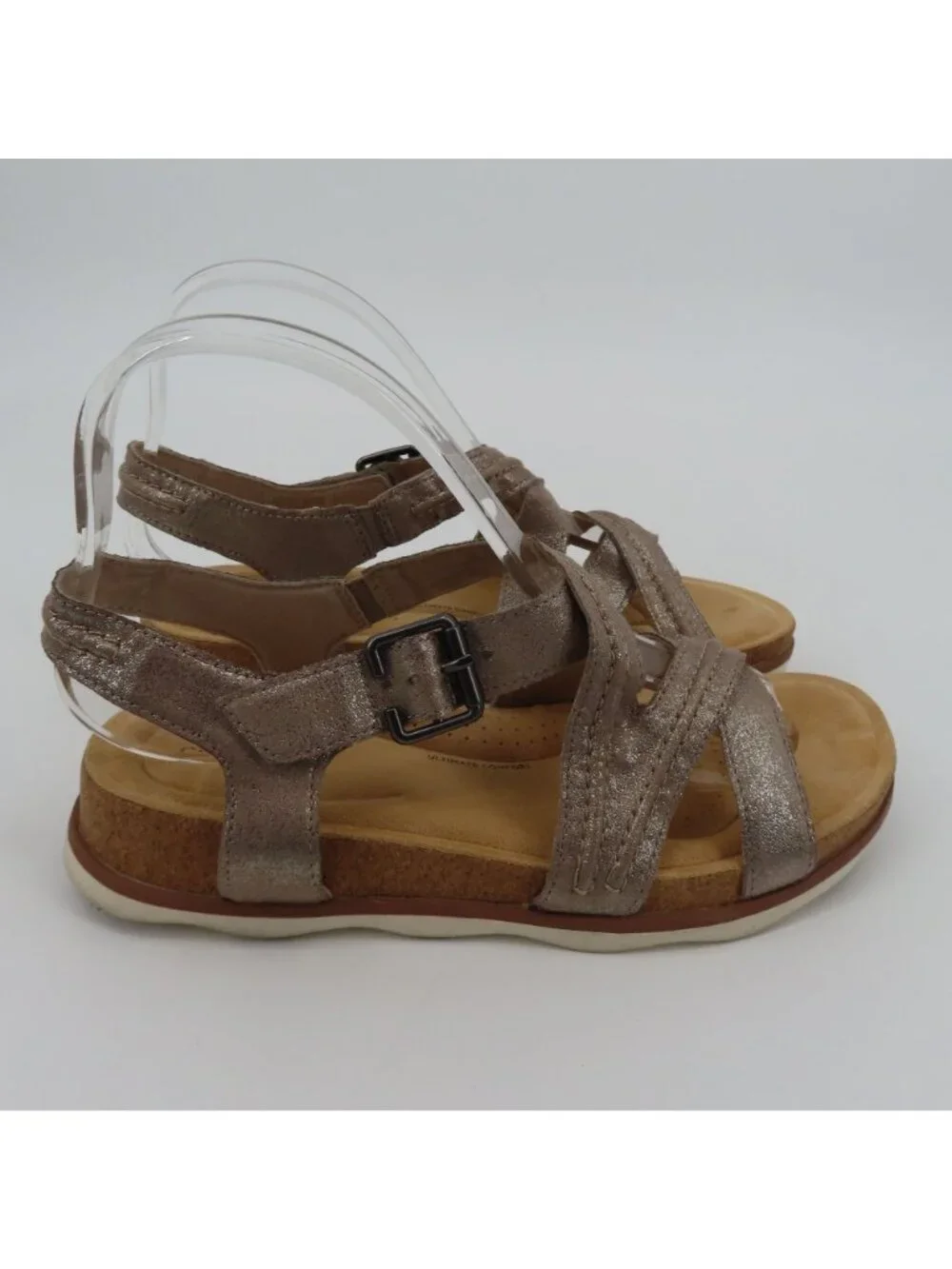 Clarks Collection Women 9M Shimmer Beige Synthetic Strappy Comfort Sandals Shoes